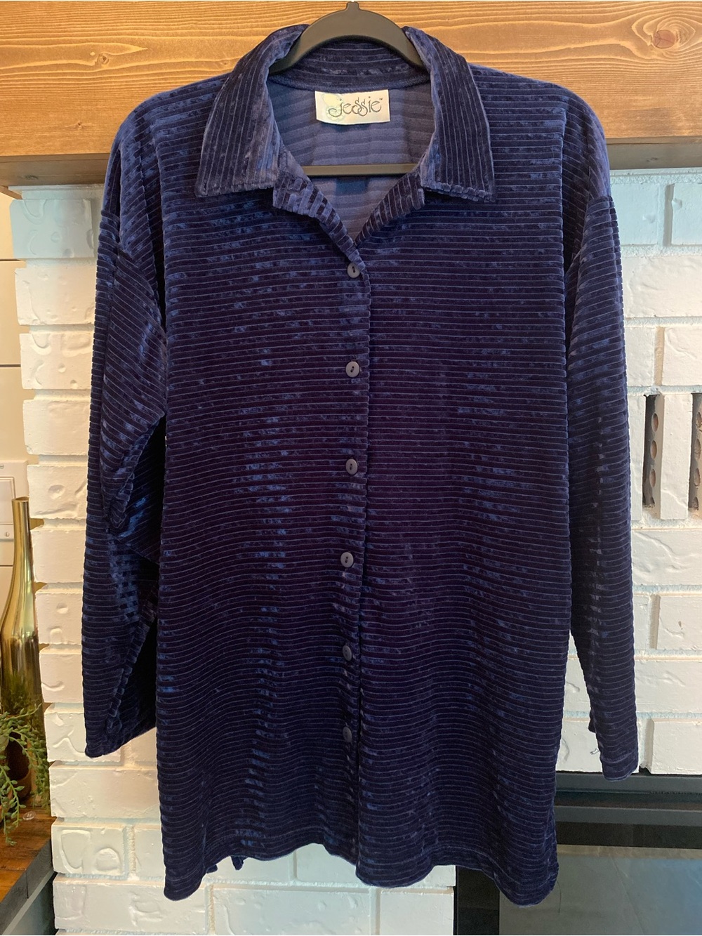 Vintage Jessie Navy Crinkle Velvet Button Front Tunic Size 14 Made in Canada